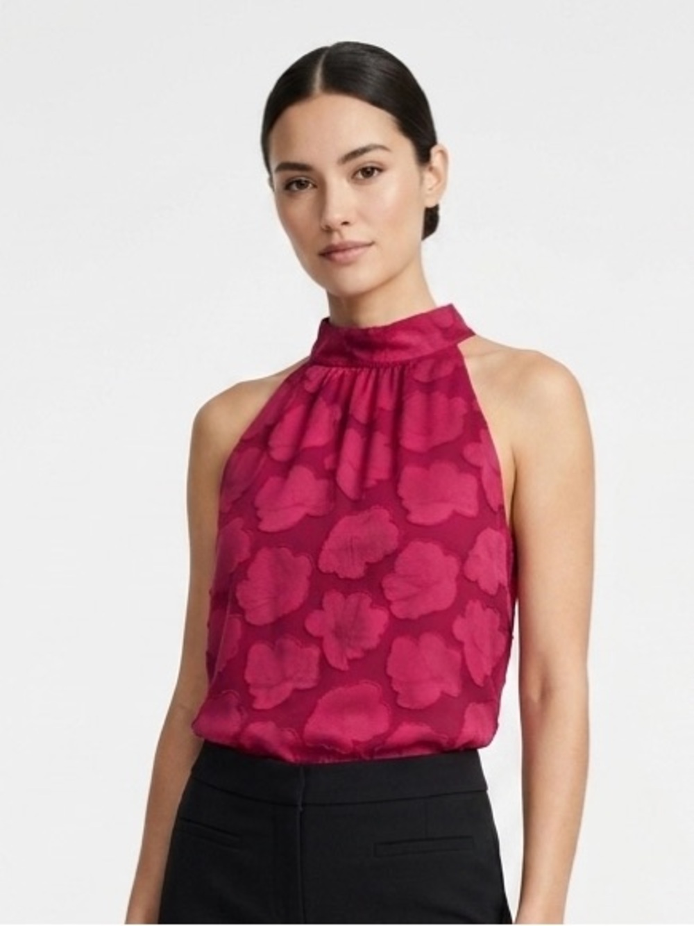 ANN TAYLOR Red Burn Out Floral Appliqué Tie Neck Halter Top L Large $75 KL EUC